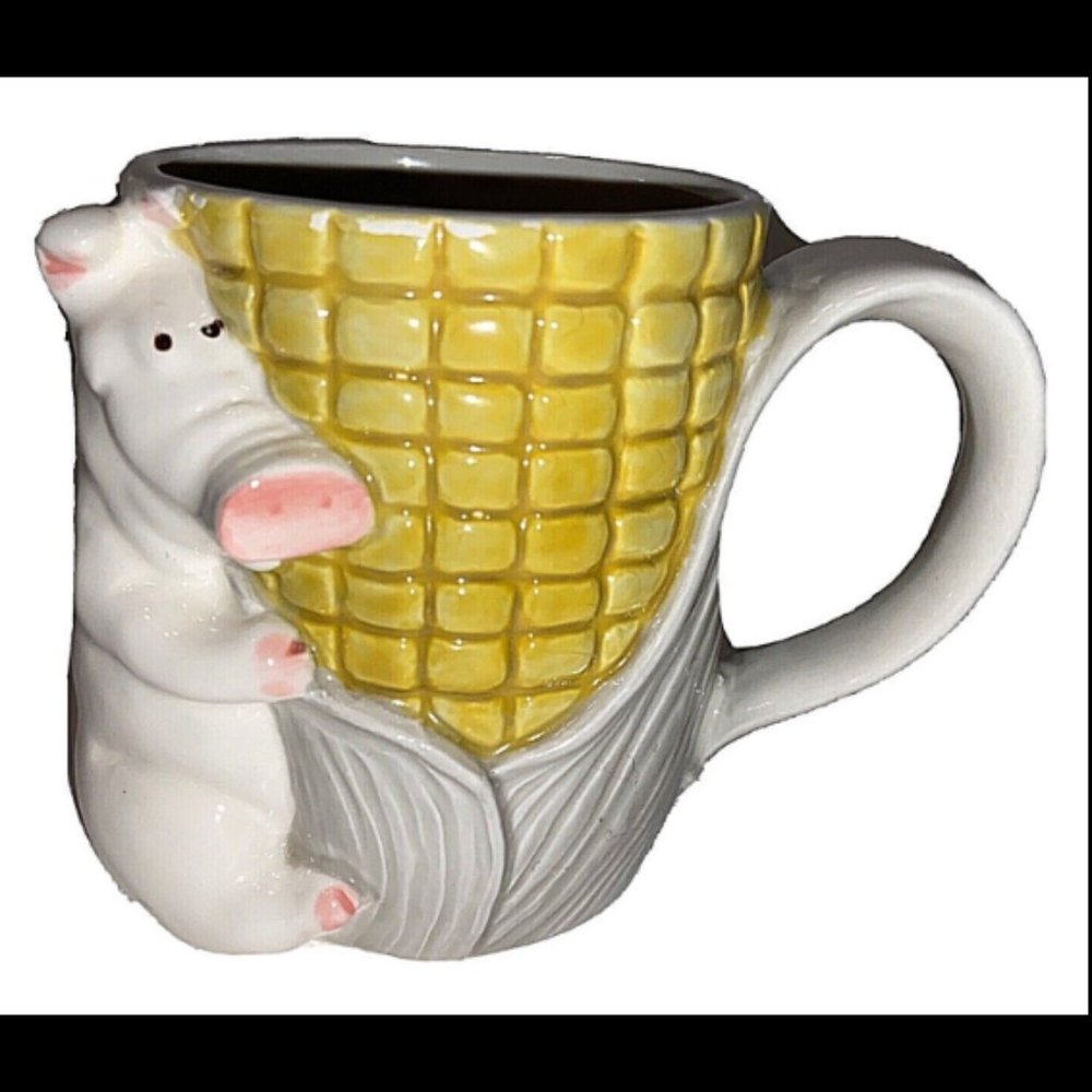 TAKAHASHI Coffee Mug Pig and Corn Porcelain Japan San Francisco Vintage